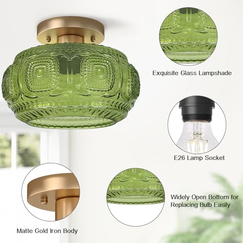 Image of Art Deco Globe Glass Semi Flush Mount Ceiling Light Fixture, Green