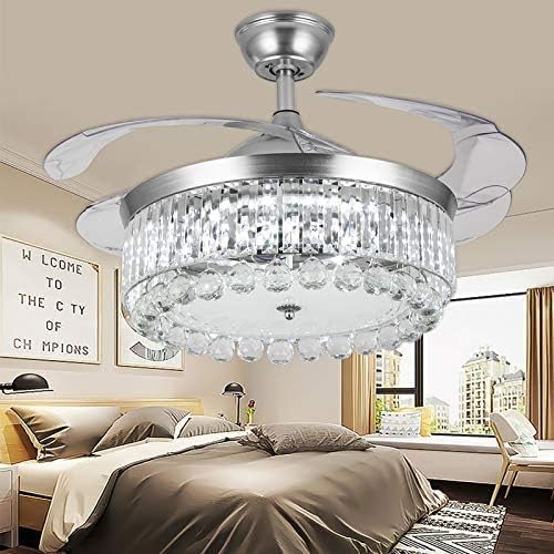 42-inch Invisible Ceiling Fan Chandelier with Light,Modern Crystal Ceiling Fan Light Remote Control 4 Retractable ABS Blades for Living Room Bedroom Dining Room Home Decoration (42 Inch B)