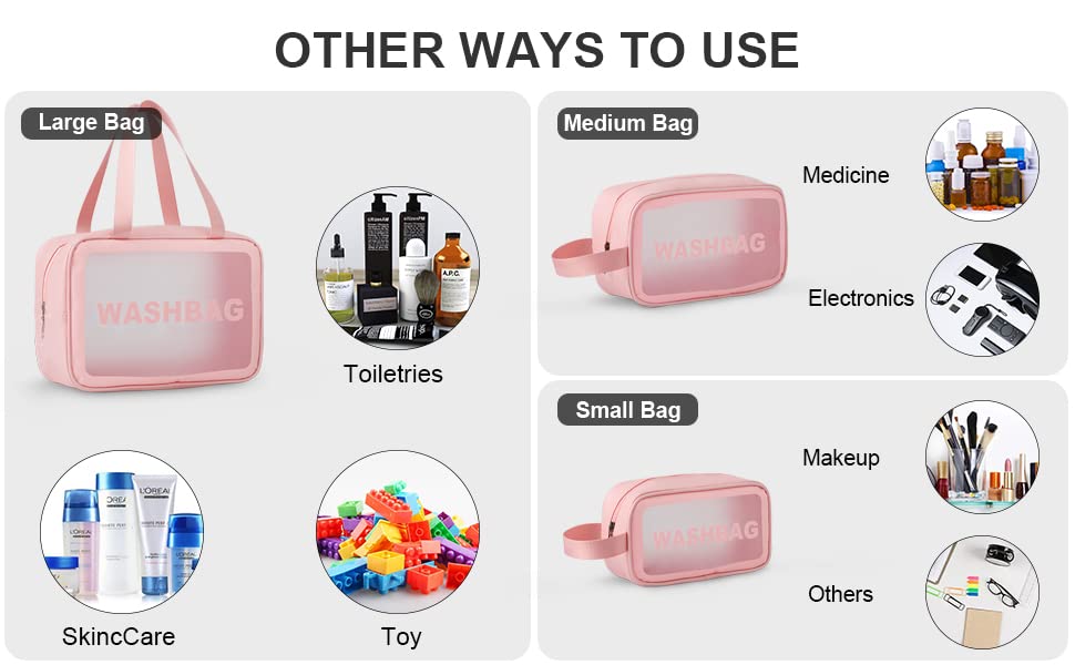 Image of Makeup Pouch Bag PVC Travel Toiletries Organizer Cosmetic Bags Wash Bag Pouch for Travel Kit Toiletry Bag Portable Organizer Case Carry Pouch for Women Bathroom Set of 3 (Pink)