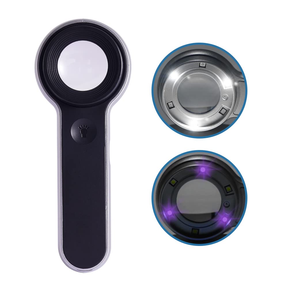 60x Illuminated Rechargeable Magnifier with Dual Coated Lenses, LED/UV Illuminated, Designed for Restoration Jewelry Identification, Close Work, Repair, Gardening, Stamps, Rock Collecting
