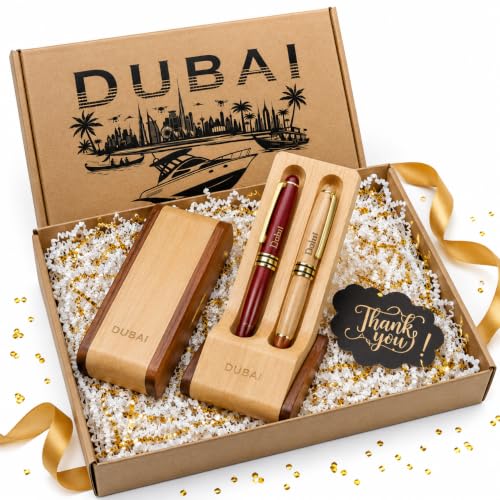 Handmade Dubai Souvenir [ 2 Pen Gift Set ] with Wooden Pen Holder & Premium Gift Box | Executive Ballpoint Pens | Luxury Maplewood Desktop Pen Stand | Corporate Gift for Men Women & Colleagues