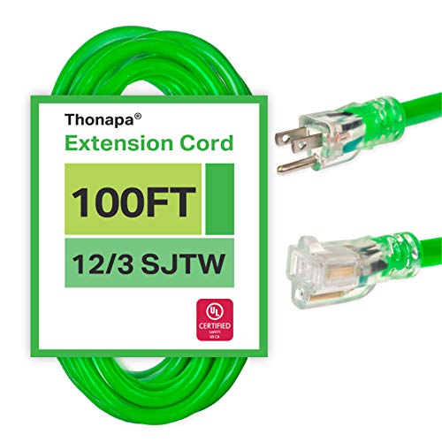 100 Foot Outdoor Extension Cord - 12/3 Heavy Duty Neon Green Extension Cable with 3 Prong Grounded Plug for Safety - Great for Garden and Major Appliances