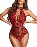 Avidlove Lingerie for Women Sexy Lace Bodysuit Halter Teddy Babydoll Black&Red S