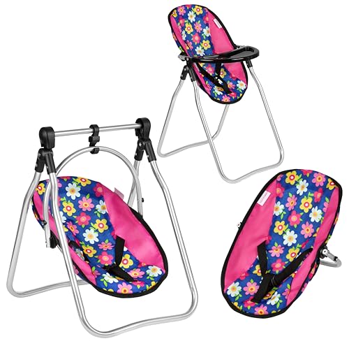 Fash N Kolor Doll Play Set 3 in 1 Doll Set 1 Pack N Play Doll Stroller Doll High Chair Fits Up to 18 Doll (Flower Swing)
