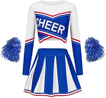 Adult Cheerleader Costume for Women Long Sleeve School Cheerleading Outfit Cheer Uniform and Pom Poms