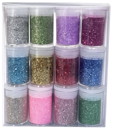Craft Glitter pots Set 12 Colours Fine Loose Sparkle Fine Glitter Powder Glitter in Storage pots