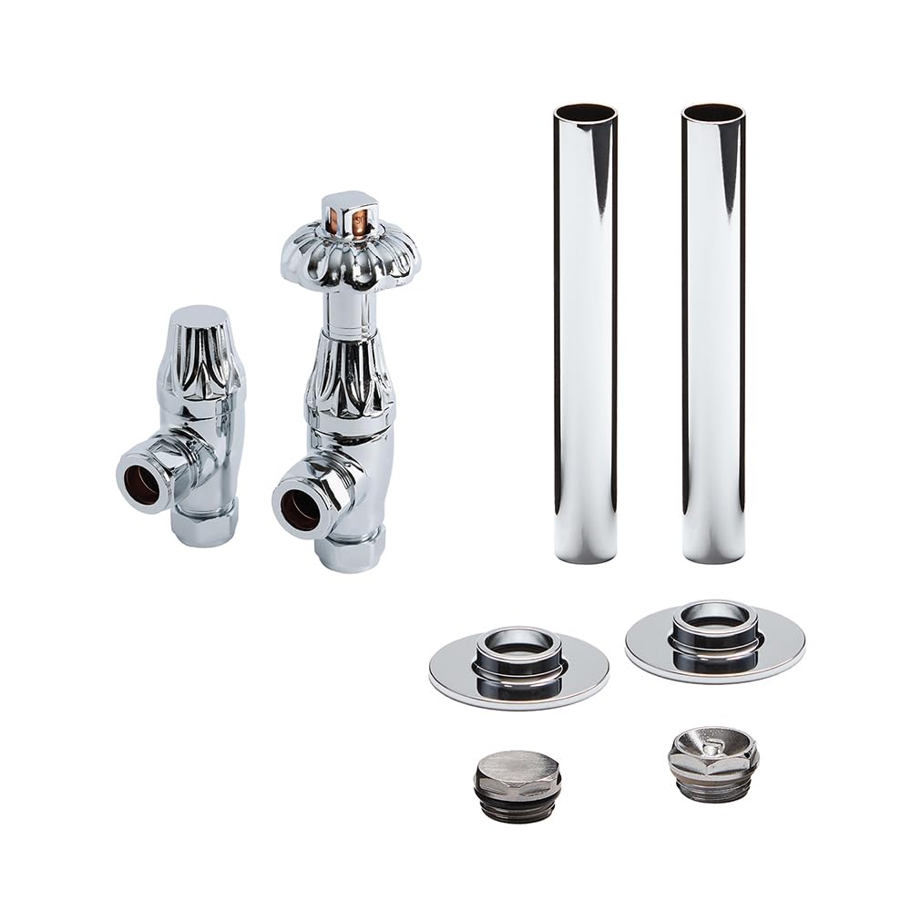 Milano Chrome Angled Heated Towel Rail Radiator Thermostatic Lockshield Valve Pipe Sleeve