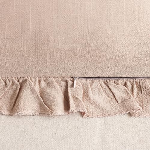 Image of Foindtower Set of 2 Decorative Linen Fringe Ruffle Throw Pillow Covers Soft Boho Farmhouse Cushion Cover Cozy Accent Retro Pillowcase for Couch Sofa Bed Living Room Home Decor,18x18 Inch,Light Pink
