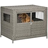 PawHut Rattan Dog Crate with Double Doors, Wicker Dog Cage with Soft Washable Cushion, Dog Kennel Furniture Outdoor Indoor for Medium to Large Sized Dogs, Gray