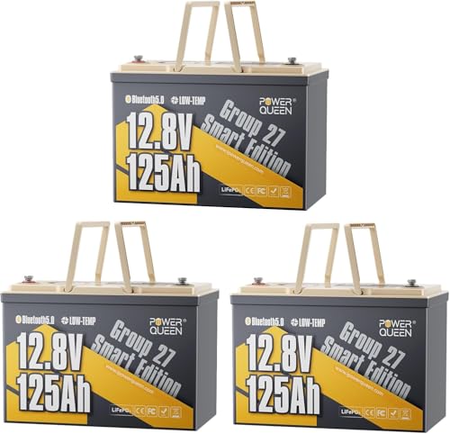 Image of Power Queen Lithium Battery 12V 125Ah, Bluetooth Group 27 LiFePO4 Battery with Low-Temp Protection, 1600Wh Energy Max. 15000 Cycles for RV, Solar System, Trolling Motor