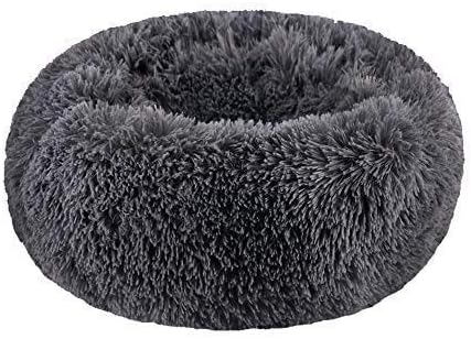 BODISEINT Modern Soft Plush Round Pet Bed for Cats or Small Dogs, Mini Medium Sized Dog Cat Bed Self Warming Autumn Winter Indoor Snooze Sleeping Cozy Kitty Teddy Kennel (24'' D x 8'' H, Dark Grey)