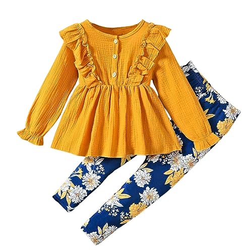 Image of Axumity Kid Girl Clothes Ruffle Sleeve Top Floral Allover Pants 3-9 Years Fall Outfit Set