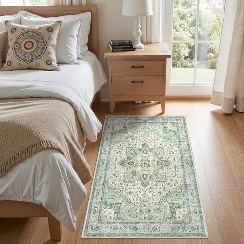 Tortania Area Rug Living Room Rugs - 3x5 Washable Rug Vintage Oriental Distressed Farmhouse Small Thin Indoor Carpet for Living Room Bedroom Under Dining Table Home Office - Green