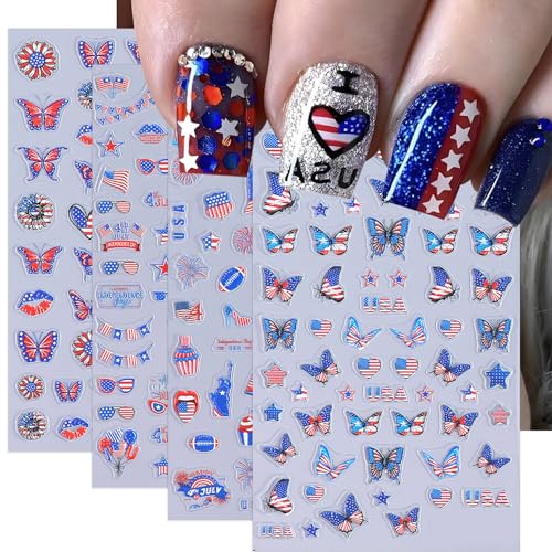 4th of July Nail Stickers Independence Day Nail Decals 4PCS 5D Self-Adhesive Patriotic Nail Art Stickers Red White Blue Design Fireworks Star Spangled Nail Art Supplies for Women DIY Nail Decorations