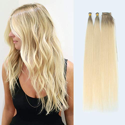 ABH AMAZINGBEAUTY HAIR Sew in Rooted Hand Tied Weft Hair Extensions, Remy Human Hair, Platinum Blonde with Ash Brown Base Color R8-60, 50 Gram, 18 Inch