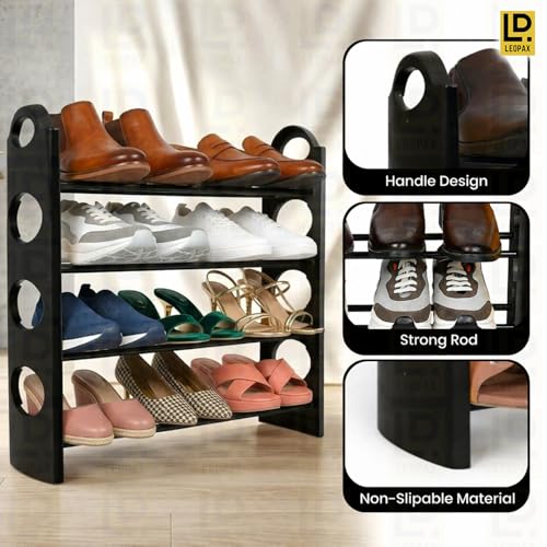 Image of LEOPAX Kaan Premium Multipurpose Shoe Rack | 4-Tier Shoe Storage Organizer, Space-Saving Design, Sturdy & Durable Rack for Entryway, Living Room, Bedroom & Closet - Black