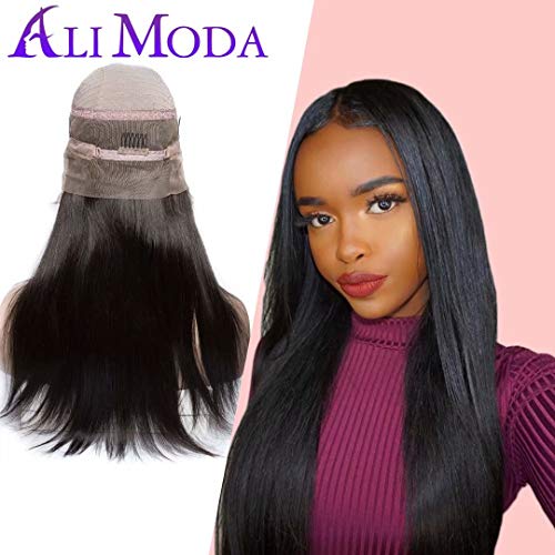 Ali Moda Human Hair 360 Lace Frontal Wig Straight Human Hair Wigs-Glueless 130% Density Brazilian Virgin Remy Wigs With Baby Hair 16 inch Natural Black Color