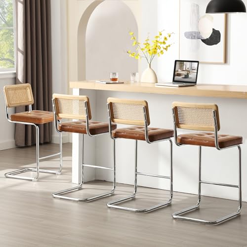 Image of Zesthouse Natural Rattan Bar Stools Set of 2, Modern Counter Height Stools with Solid Wood Back, 26'' Counter Height Chairs, Mid Century Cantilevered Bar Chairs for Kitchen Island, Faux Leather Brown