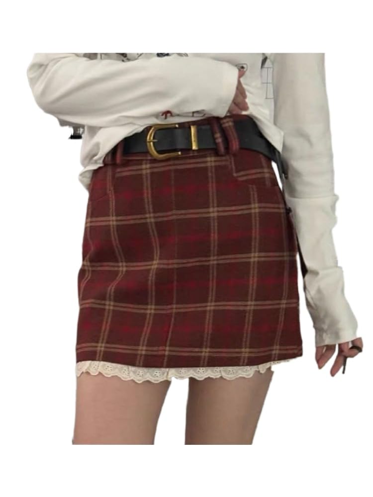 Y2K Retro Patchwork lace Woolen Plaid A-line Skirt for Women Slimming Off Half Length Skirt with Belt