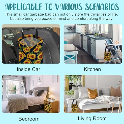 Image of Car Trash Bag Abstract Yellow Sunflowers Hanging Drawstring Car Organizer and Storage Bag with Adjustable Buckle Canvas Garbage Bin for Back Seat or Hanging Headrest Car Decor Road Trip Essentials