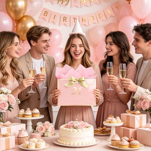 Image of JMANNI Birthday Gift Bag with Card and Tissue Paper for Men Women Him, Elegant Pink Gold Anniversary Keepsake Party Present Shopping Paper Bags for Gifts Wrapping Pink / 13 inch Medium /EST.2005 21st