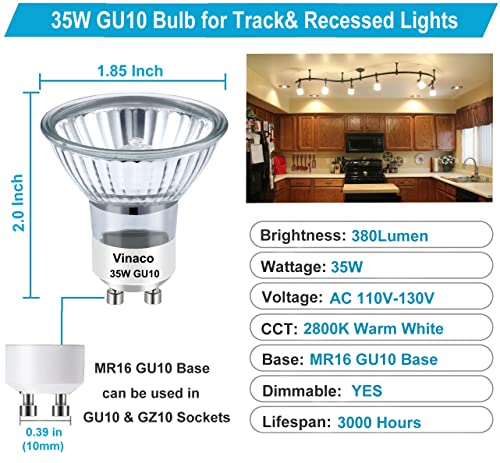 Vinaco Gu10 Bulb, 6 Pack Gu10 Halogen 35W Warm White Dimmable, Replacement For Track Light Bulbs, Range Hood Light Bulbs, Candle Warmer Bulbs, Long Lifespan Gu10+C 120V 35W With Glass Cover #TOP3