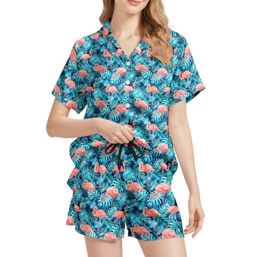 Image of Funny Satin Pajamas Set for Women Button Down Sleepwear Print Pjs Set 2 Piece Short Sleeve Loungewear Gift for Women