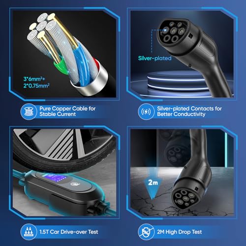 Mobile Wallbox 11 kW Charger Type 2, [6 m, 3-Phase] Charging Cable Type 2 CEE Plug, 6-16A EV Charger Type 2 Charging Cable, Schuko, EV Charger and Mobile Charging Station, Timed Charging