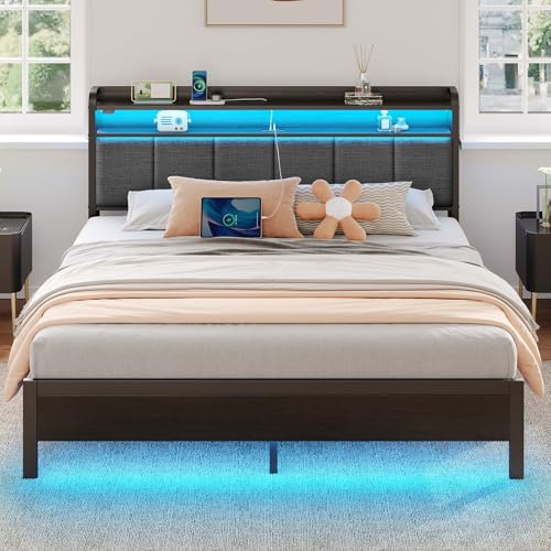 Image of Rolanstar Bed Frame King Size with Charging Station and LED Lights, Upholstered Headboard with Storage Shelves, Heavy Duty Metal Slats, No Box Spring Need, Noise Free, Easy Assembly, Grey