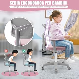 GYMAX Sedia da Scrivania per Bambini, Carico 150 kg, Sedia Ergonomica, Altezza Regolabile, Girevole a 360° (ROSA)