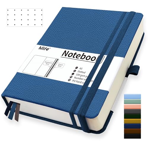 Mlife Cuaderno Punteado A5, 360 Páginas Y 100 G/M² De Papel Resistente A La Tinta, Cuadernos Con Bolsillo Plegable Para La Oficina, La Escuela, El Hogar, La Escritura Y Notas (Azul)