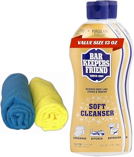 Bar keepers Friends - Limpiador suave de 13 onzas con toalla de microfibra de alta calidad, limpiador de acero inoxidable para ollas, sartenes,