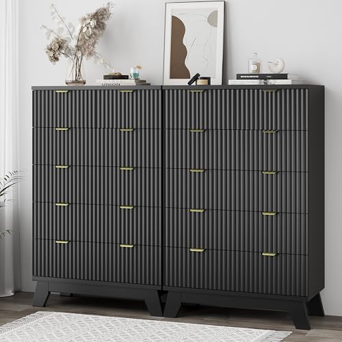 Image of Xixini Fluted Dresser for Bedroom with 6 Drawers, 46 inch Tall Modern Chest of Drawers with Metal Handle, Wooden Dresser TV Stand, Wood Closet Clothes Storage Organizer for Living Room, Hallway, Black