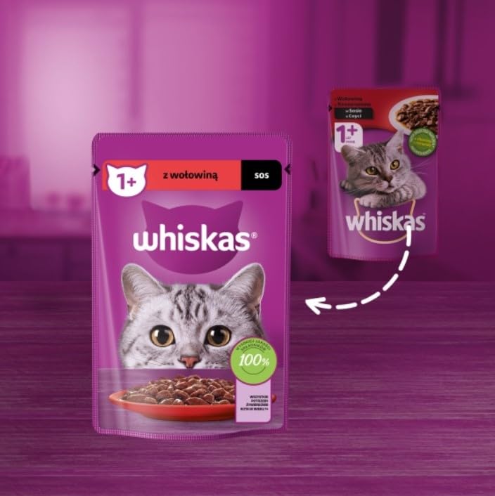 Whiskas Adult 1+ Nourriture pour chat au bœuf en sauce – Nourriture humide de haute qualité pour chats adultes – 28 sachets de 85 g
