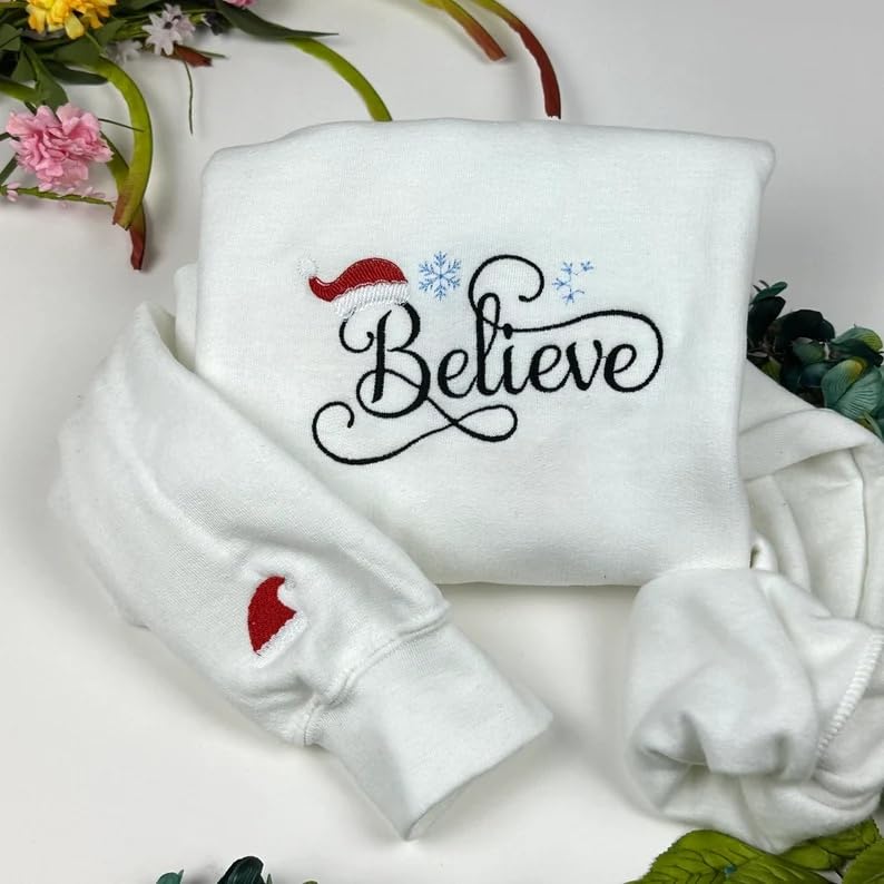 Believe Christmas Sweatshirt, Embroidered Hoodie, Fall Pullover White2