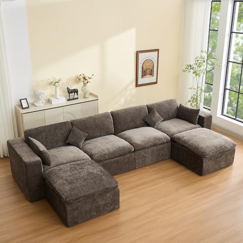 Image of 146''Cloud Boneless Sectional Couch, Modular Sectional Sofa Deep Seat with 2 Ottomans, Oversized Upholstered Convertible Comfy 6 Seater Chenille Sofa U Shape Couches for Living Room, Brown