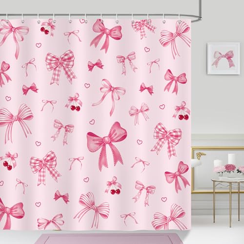 Bonhause Tenda Doccia Fiocco Rosa Carino Ciliegia Acquerelli Moderno Tende per Doccia in Poliestere Impermeabile Antimuffa Lavabile Tende Bagno 180 x 180 cm con 12 Ganci