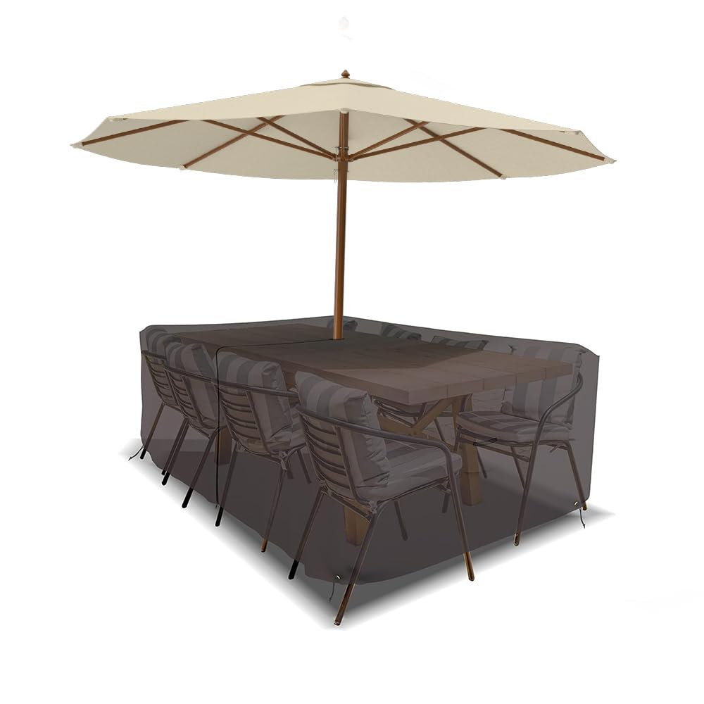 Covers & All Prostokątny stół i krzesło patio zestaw pokrowiec z otworem na parasol - wytrzymały 45 ml wodoodporny pokrowiec na meble z tyłu z kieszenią powietrzną i sznurkiem do wygodnego dopasowania (190 cm szer. x 115 cm gł. x 76 cm wys. , kawa)