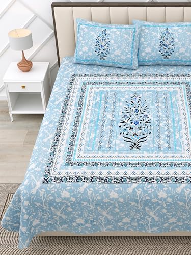 Image of RajasthaniKart Pure 100% Cotton 240 TC King Size BEDSHEET with 2 Pillow Cover - 90X108 (Suitable for King Size Bed Sheet or Double Bed, Light Blue) PSP133