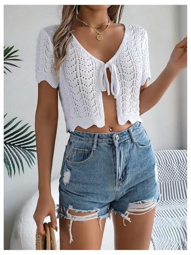 Milumia Women's Short Sleeve Crochet Knitted Cardigan Tie Front Beach Crop Tops Coverup3
