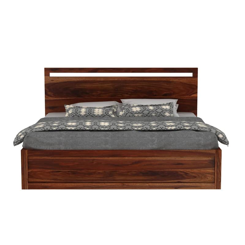 Image of Solid Sheesham Wood King Bed with Storage 4 Drawer Single Cut Design for Bedroom - Honey Finish