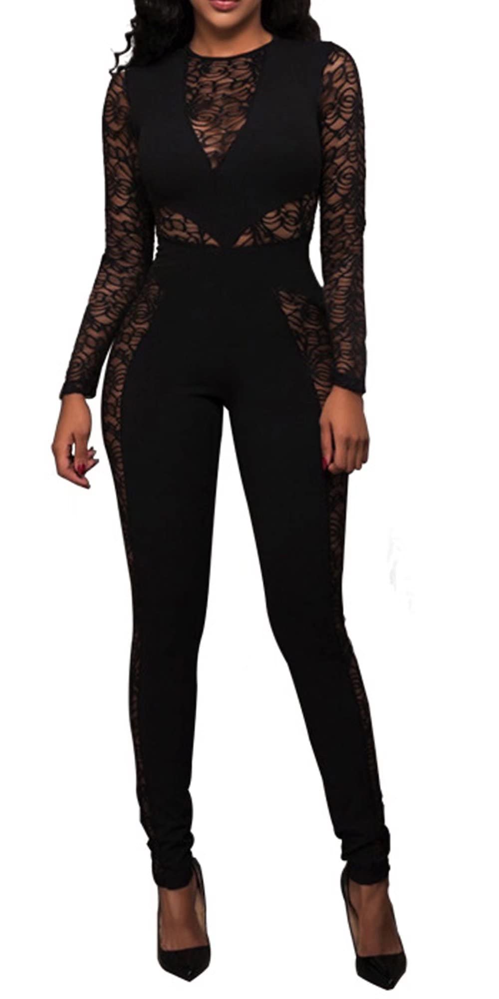 Mintsnow Sexy Mesh Patchwork Tute per le donne Elegante manica lunga fasciatura un pezzo partito lungo Body, Nero – pizzo., X-Large