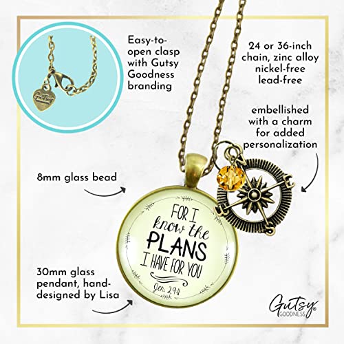 For I Know Plans I Have Necklace Boho Aesthetic Bronze Faith Jewelry For Women Chain 24" - Handmade Glass Pendant Bible Verse Compass Charm Umber Bead, Affectionately Boxed Gift Ready Message Card #TOP4