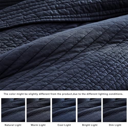 Image of palassio Striped Navy Blue 100% Cotton Quilt Queen Size Bedding Sets, Lightweight Crinkly Channel Pick Stitch Textured Bedspread Soft Shabby Chic Farmhouse Country Coverlet for All Season, 2 Shams
