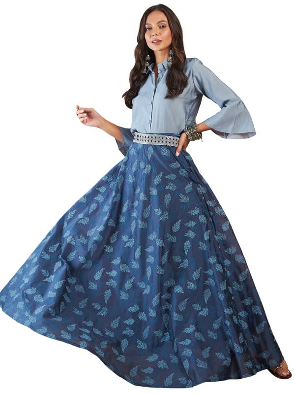 BLUE & GREY CHANDERI SKIRT FUSION SET-image-37