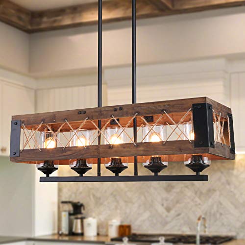 LALUZ Farmhouse Chandelier, 5-Light Kitchen Island Lighting with Clear Glass, Wood and Black Finish, 32 Inches LALUZ Farmhouse Chandelier, 5-Light Kitchen Island Lighting with Clear Glass, Wood and Black Finish, 32 Inches