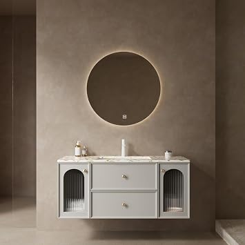Bathroom Vanity with Sink, Modern Wall-Mounted Floating Plywood Bathroom Storage Cabinet with 2 Drawers and 2 Doors, Terrazzo Counter Top and White Ceramic Basin Matte White+Grayish,48"