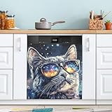 Reiacy Panel para lavavajillas, diseño de gato estrellado, cubierta magnética para puerta delantera, decoración artística de cocina, calcomanía magnética para refrigerador, 23 pies de ancho x 26 pies
