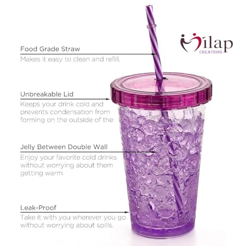 Image of Double Wall Insulated Tumbler with Lid and Straw, 500ml, Icecream Cold Drink Cup, Plastic Mug Bottle Jelly Sipper Gel Feezer Gift for Kids Multicolor (Large, 1, Count)
