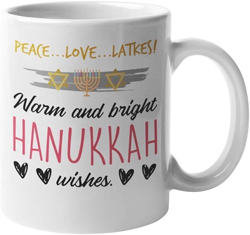 Peace, Love, Latkes! Cálidos y brillantes deseos de Hanukkah. Divertida menorá de Janucá y estrella de David con estampado de taza de café y té,